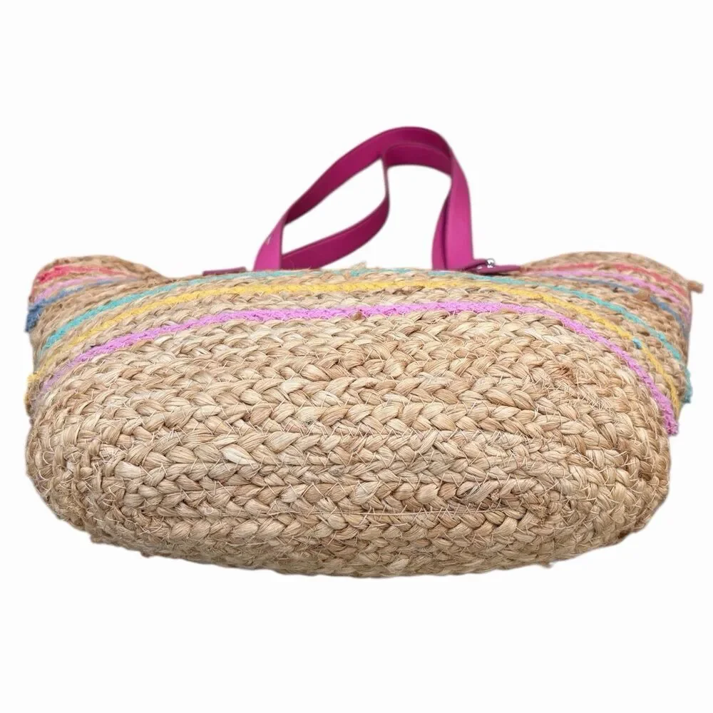 Time & Tru Natural Jute Straw Braided Striped Pink Pocket Tote/Shoulder Bag